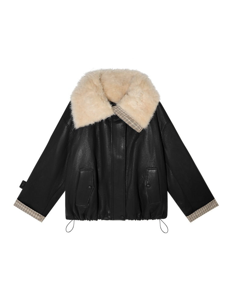 Plaid Faux Fur Collar Down Jacket