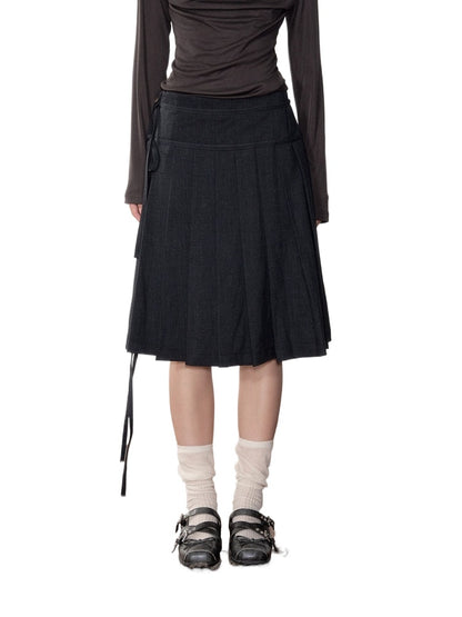 Dark Grey Tie-Waist Pleated Midi Skirt