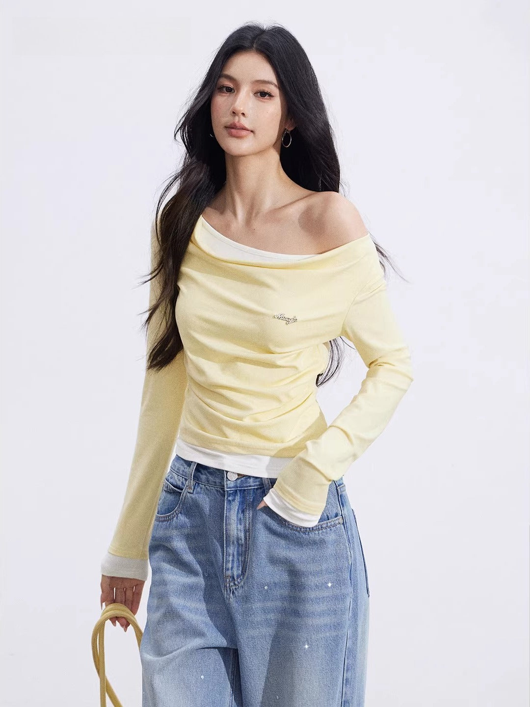 Yellow &amp; Gray Layered Ruched Top