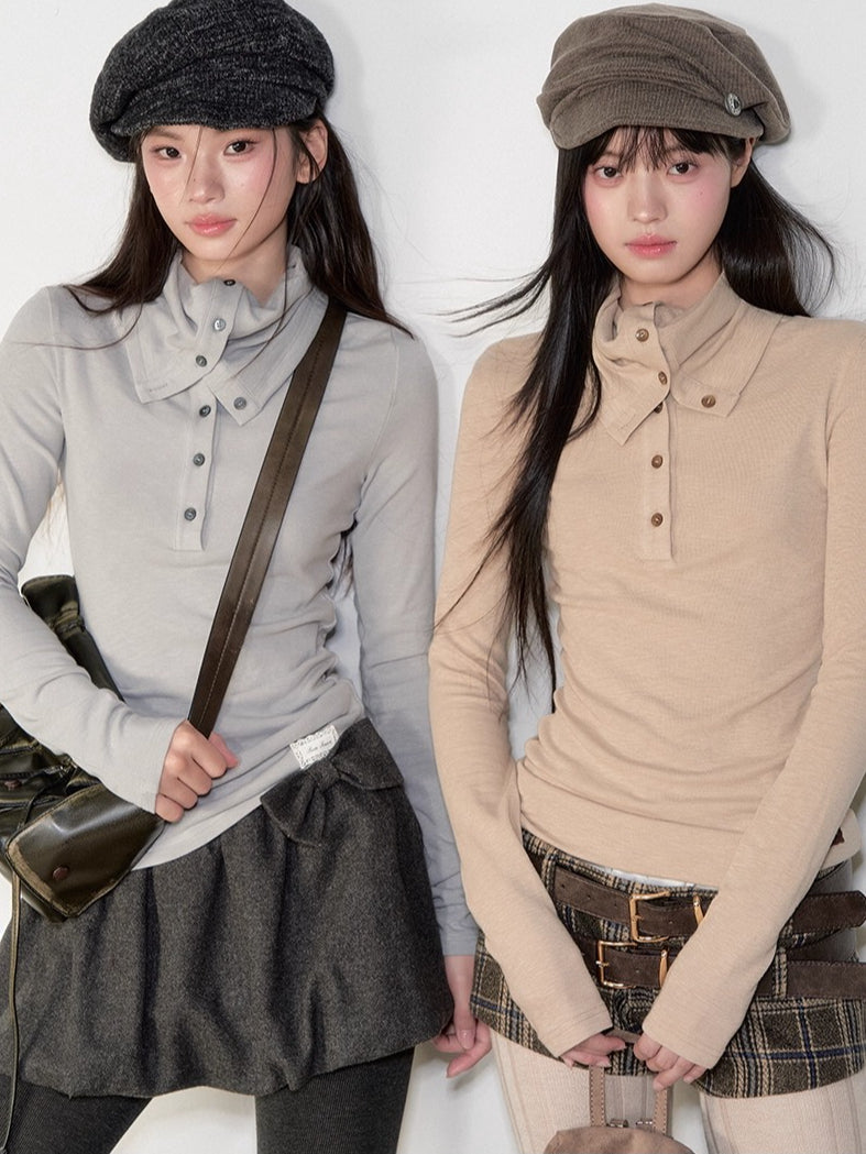 Drape-Neck Slim Knit Top