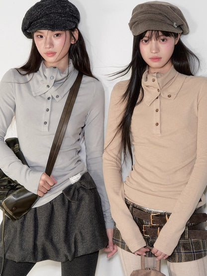 Drape-Neck Slim Knit Top