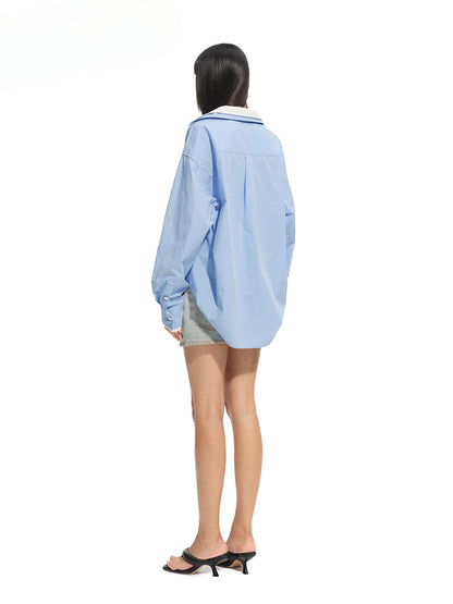 Wrinkle-Resistant Striped Fake Two-Piece Silhouette Collared Shirt