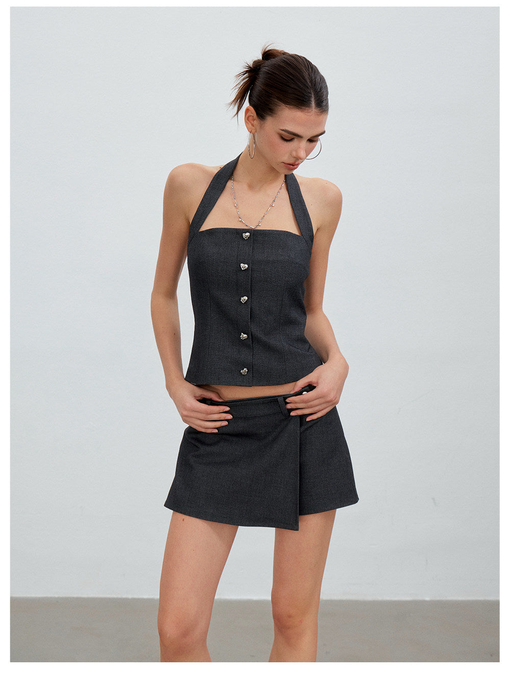 Asymmetric Mock-Layer Heart-Button Skirt