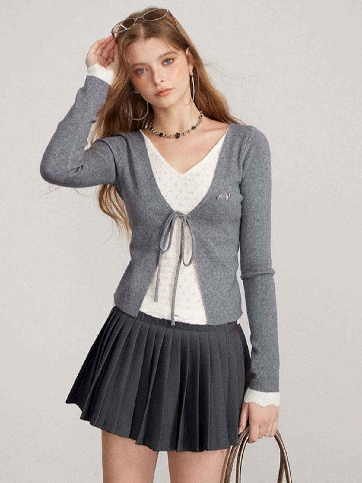 Layered V Neck Tie Knit Top