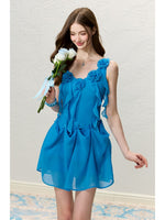 Blue Floral Ruffle Fitted Dress