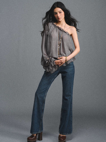 Turquoise One-Shoulder Chiffon Blouse
