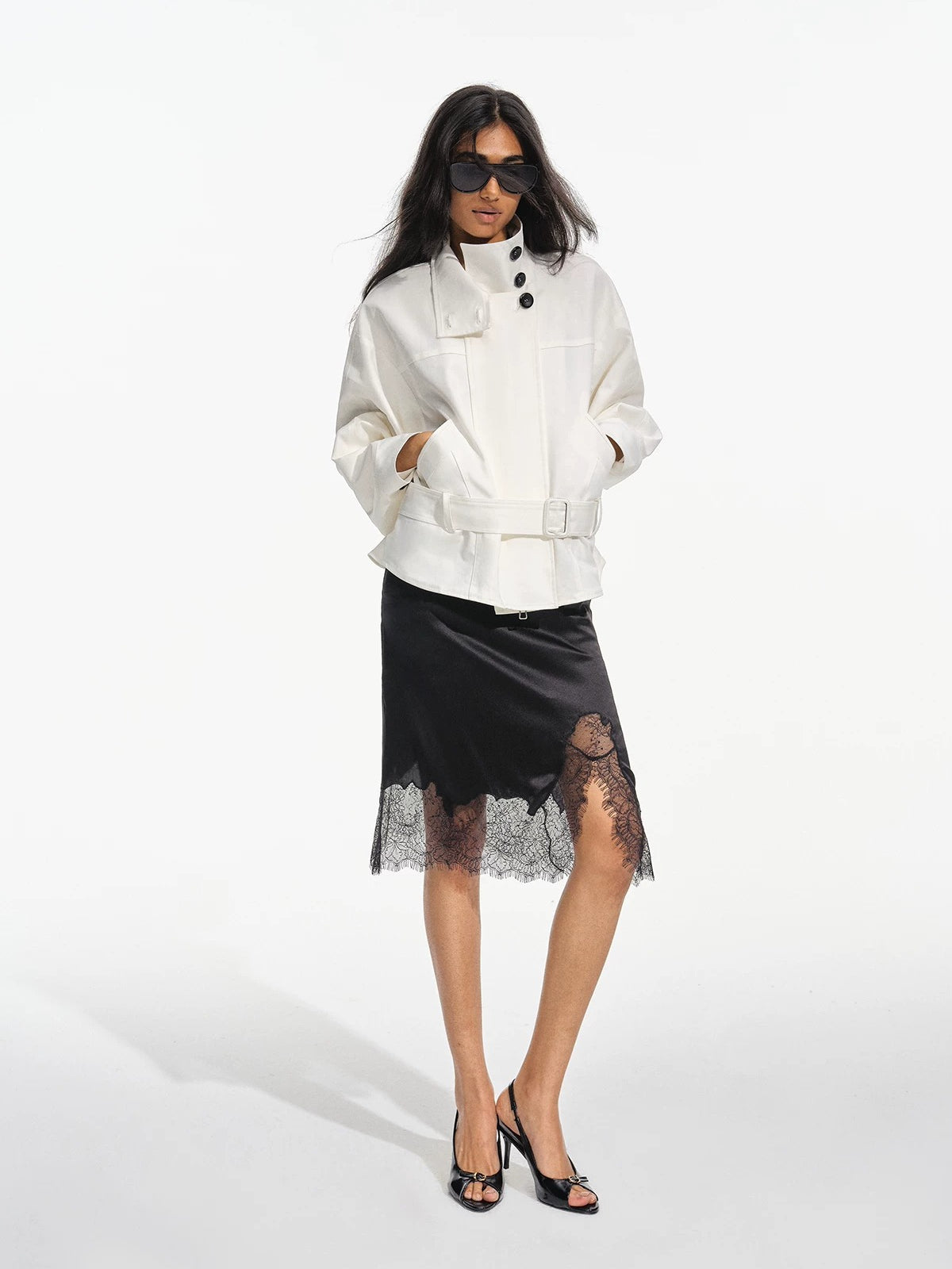 Asymmetric Lace Trim Satin Skirt