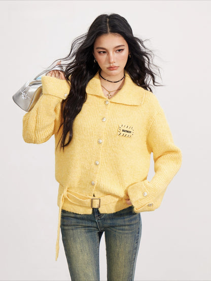 Collared Belted Knit Cardigan