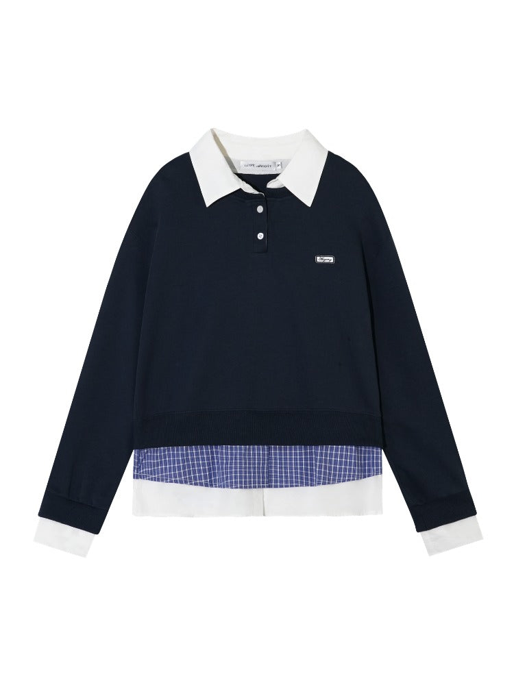 Navy Blue Plaid-Patchwork Polo Sweatshirt