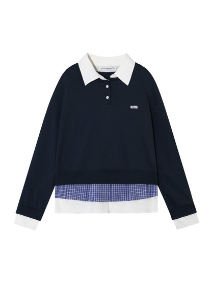 Navy Blue Plaid-Patchwork Polo Sweatshirt