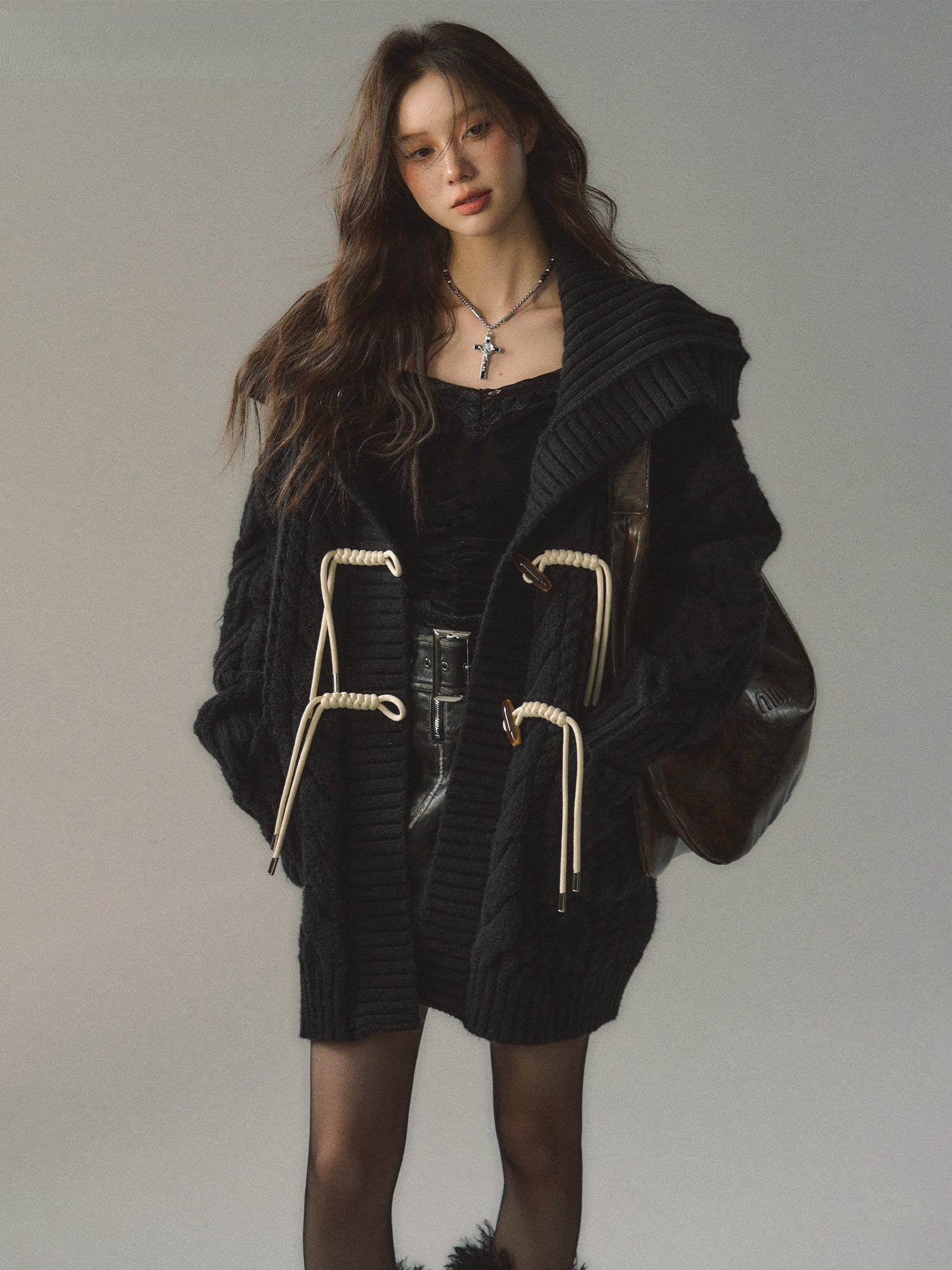Khaki &amp; Black Horn Button Knit Cardigan