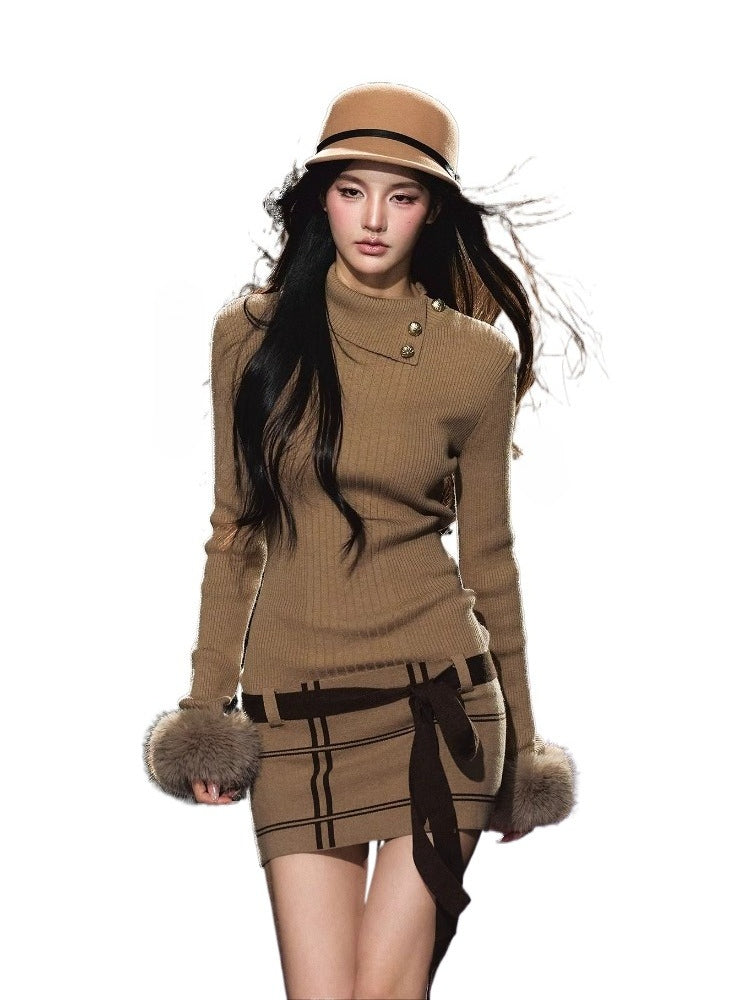 Turtleneck Fuzzy-Cuff Knit Dress