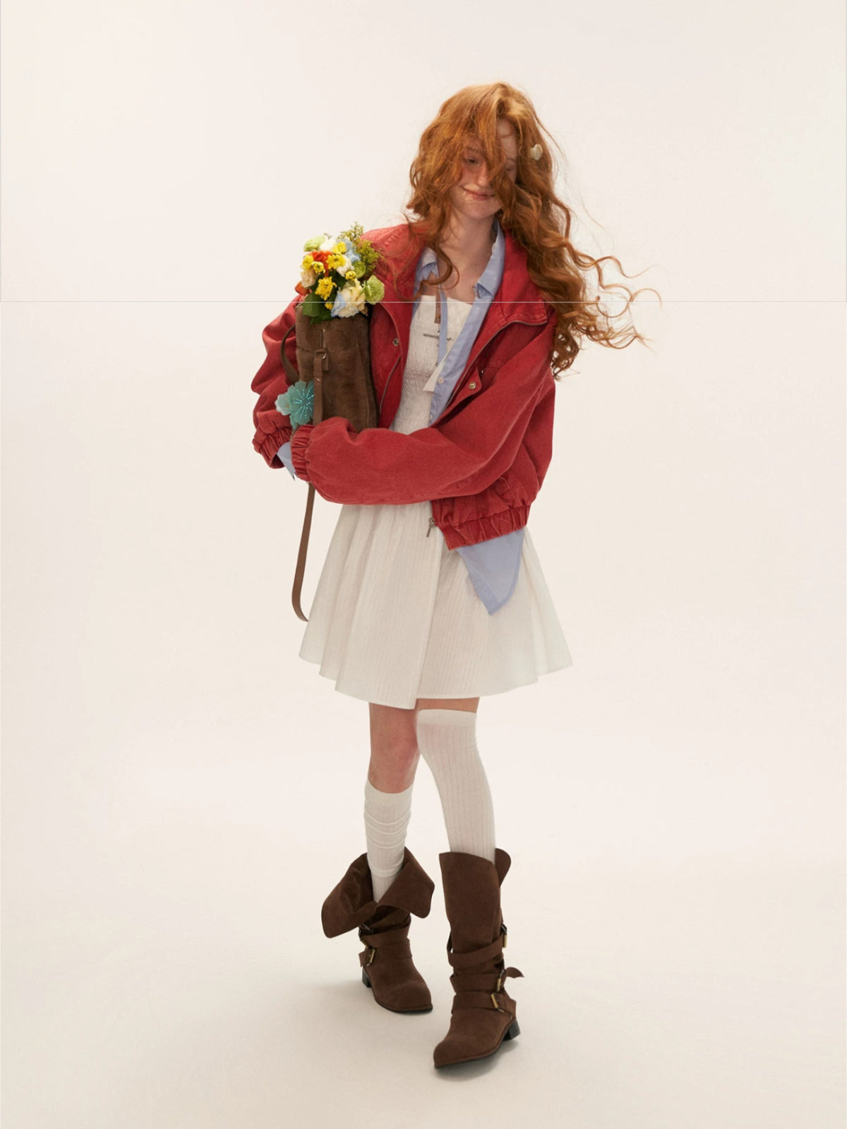 Red Utility Stand Collar Cropped Jacket