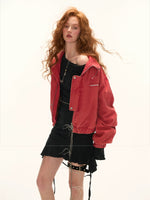 Red Utility Stand Collar Cropped Jacket