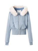 Fox Fur Trim Washed Cotton Fitted Hoodie