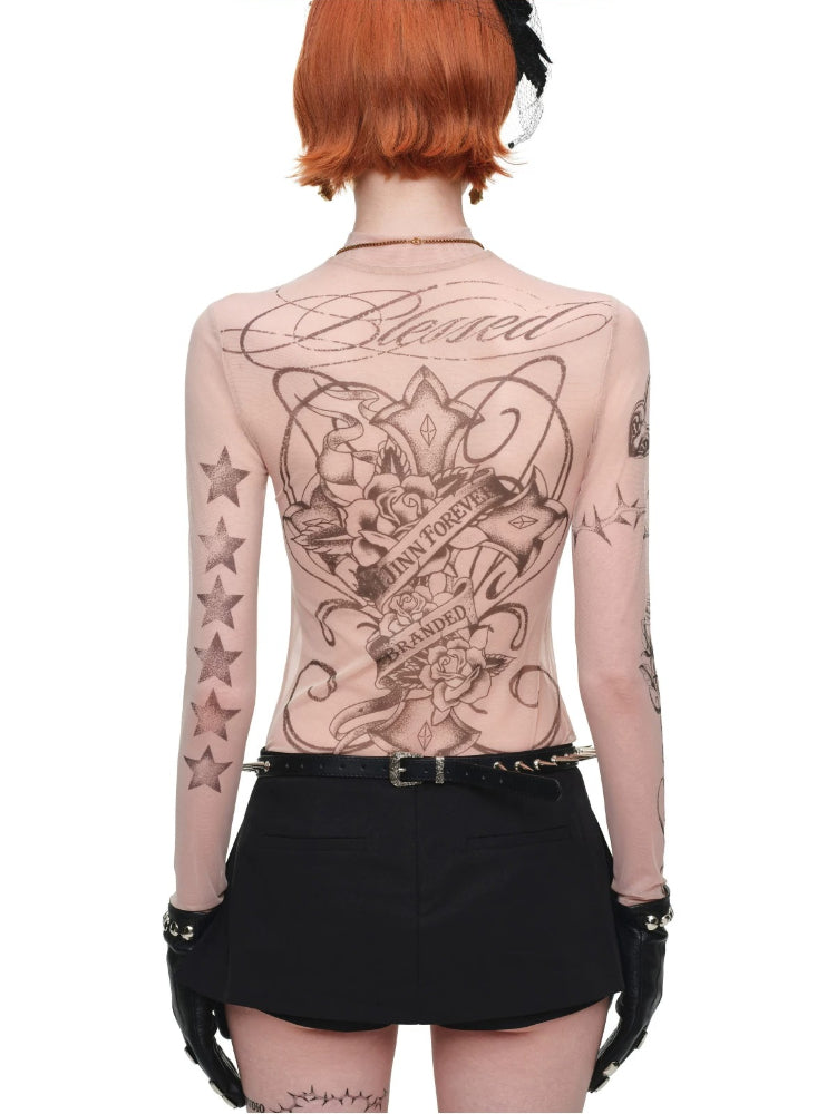 Tattoo Mesh Long Sleeve Top