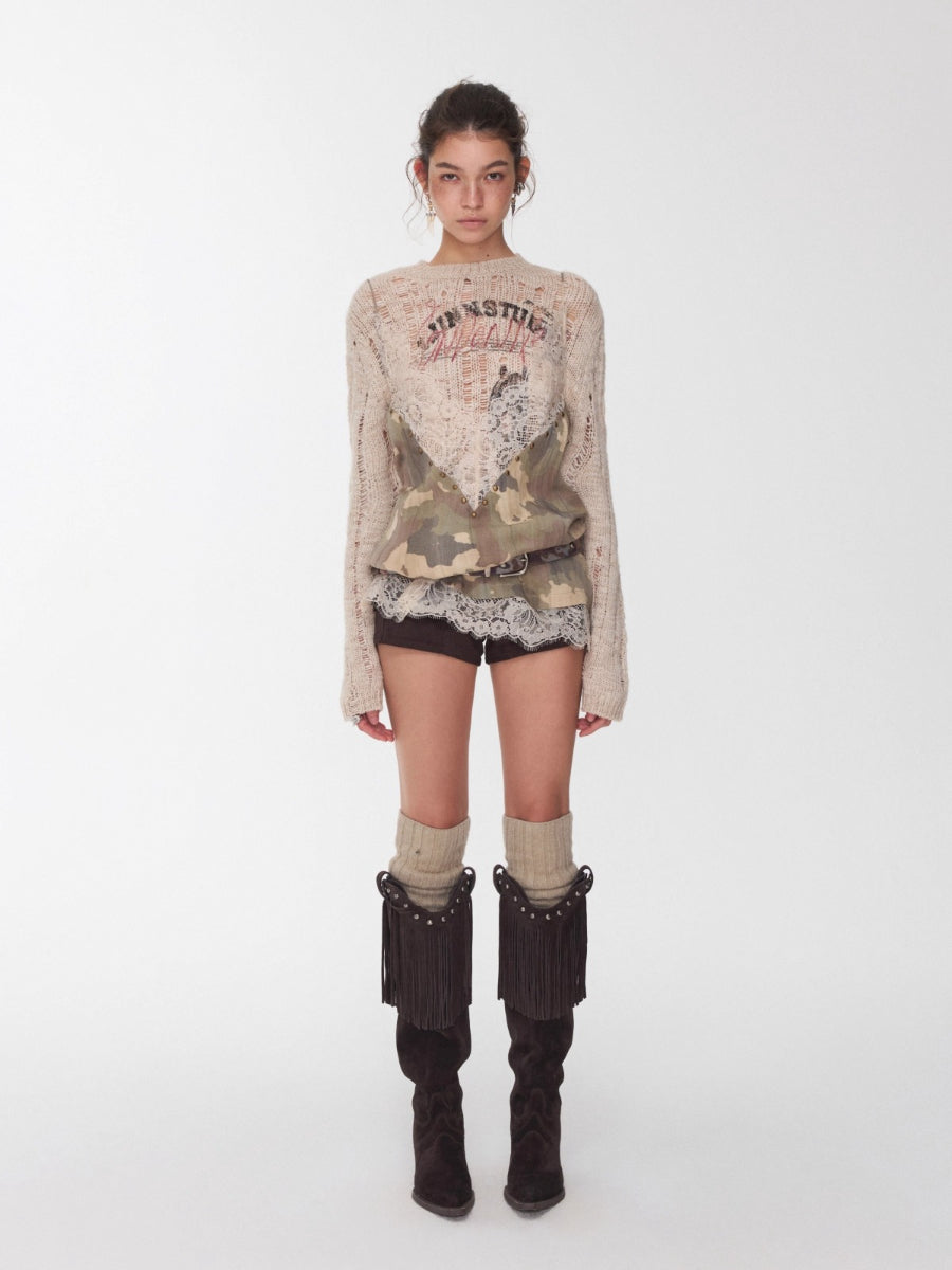 Camouflage V-Neck Lace Rhinestone Cami Top