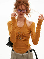 Halter Ruched Long Sleeve Top