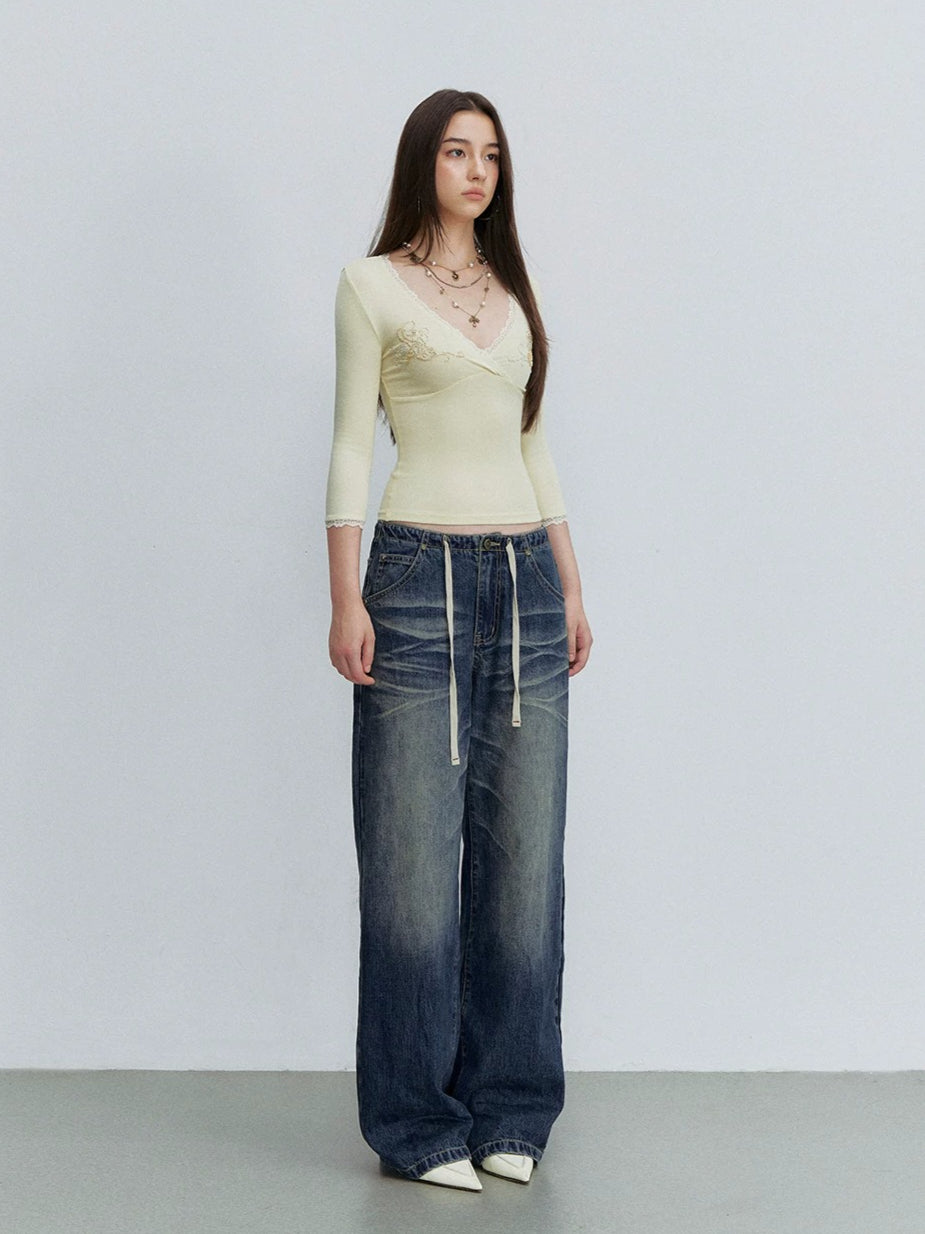 Ombré Whisker Drawstring Straight Jeans