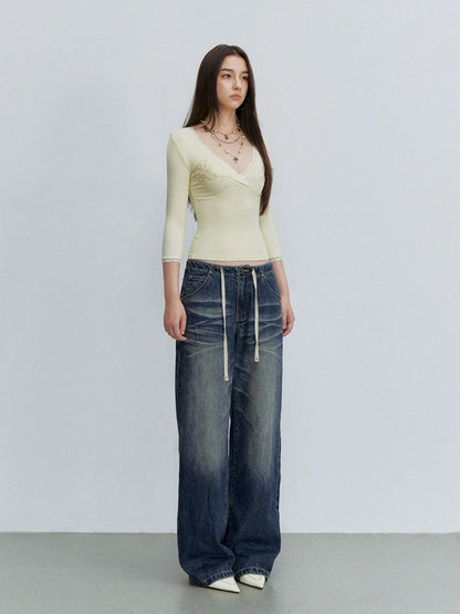 Ombré Whisker Drawstring Straight Jeans