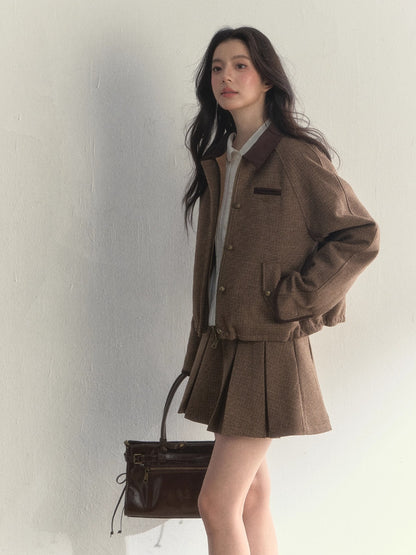 “Cerlue” Reversible Houndstooth Jacket &amp; Pleated Skirt Set