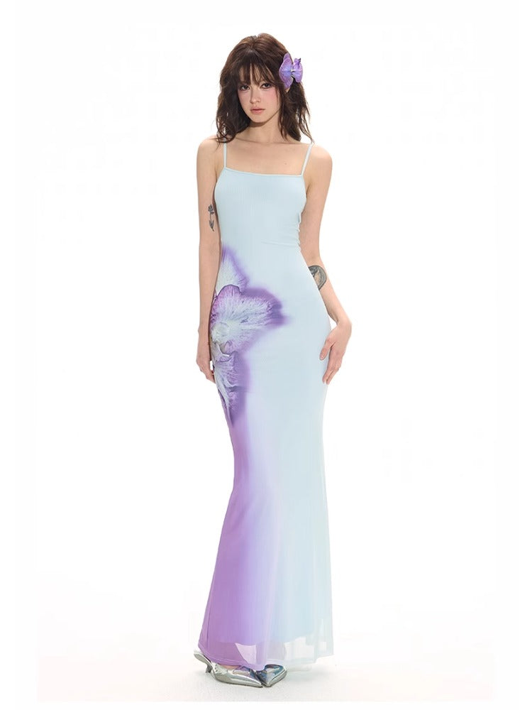 Blue 3D Gradient Floral Dress &amp; Vest Set