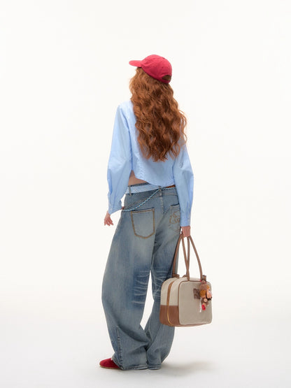 Blue Beaded Washed Denim Pants