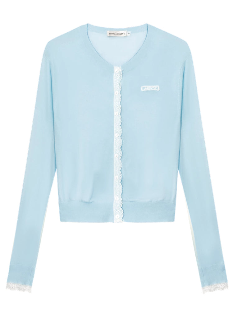 Lace Trimmed Crew Neck Knitted Cardigan Set