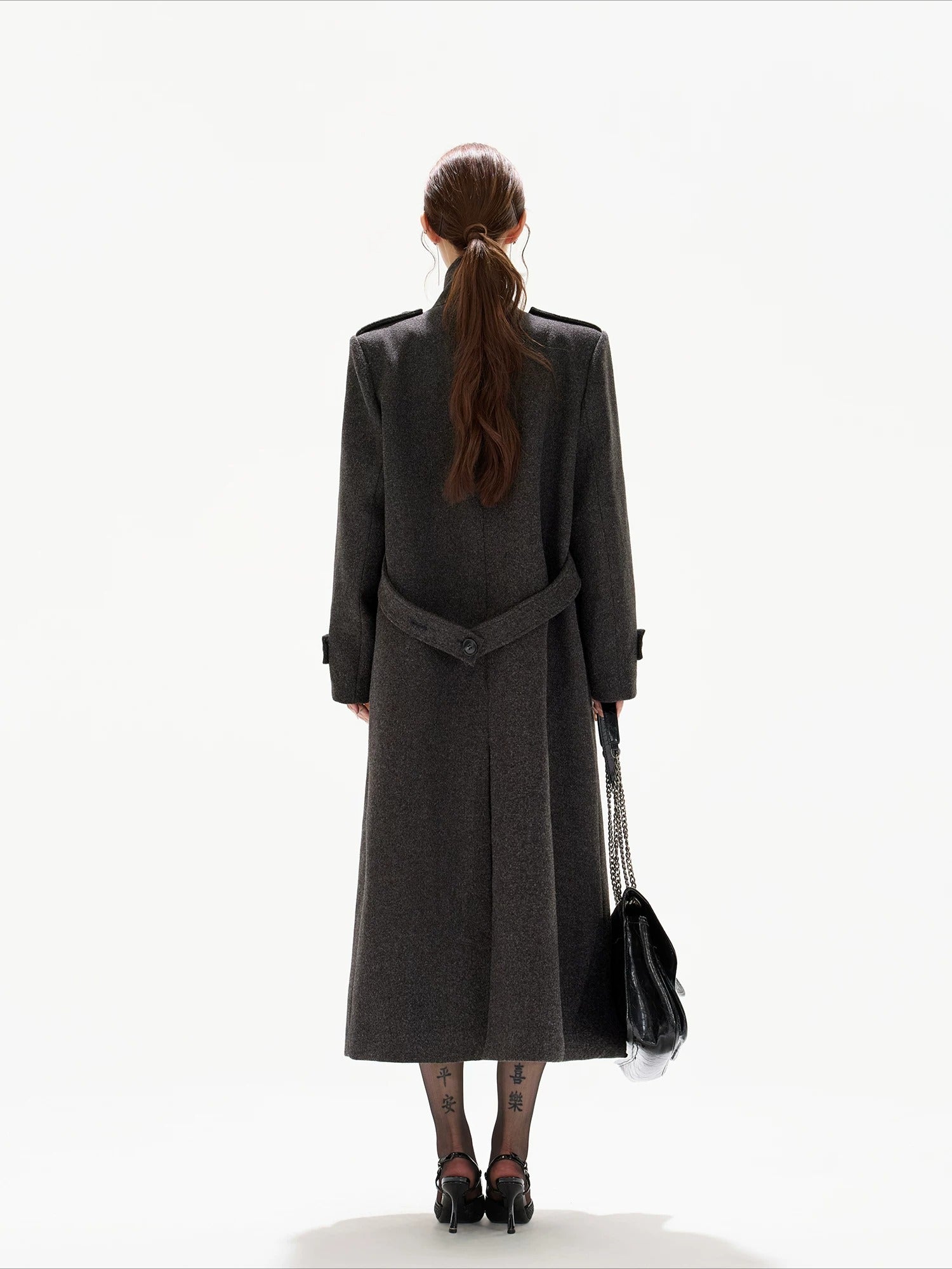Black Wide-Shoulder Wool Coat