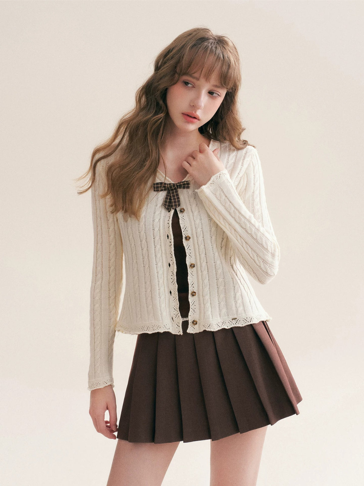 Plaid Bow Knit Cardigan