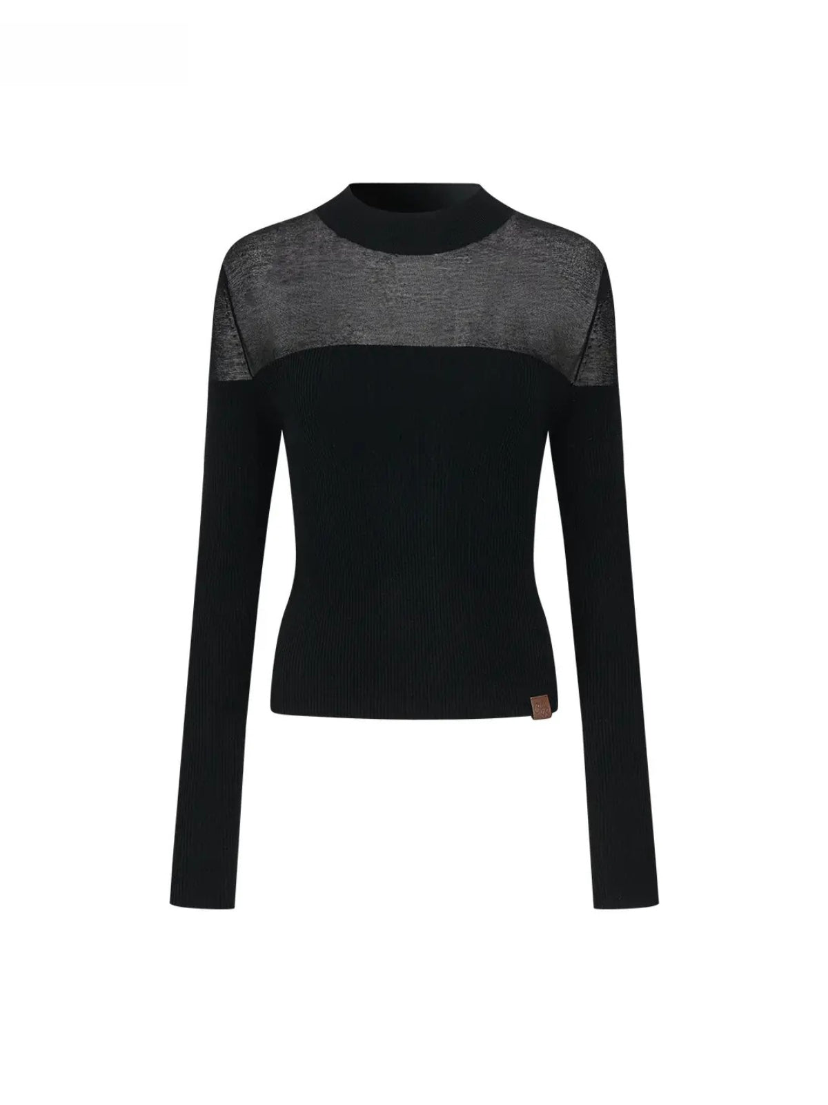 Sheer Mesh Mock Neck Fitted Knit Top