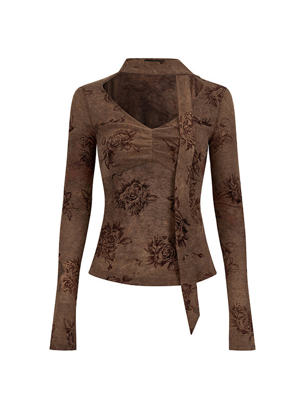 Coffee &amp; Purple Gray Rose Print Ribbon Long Sleeve T-shirt