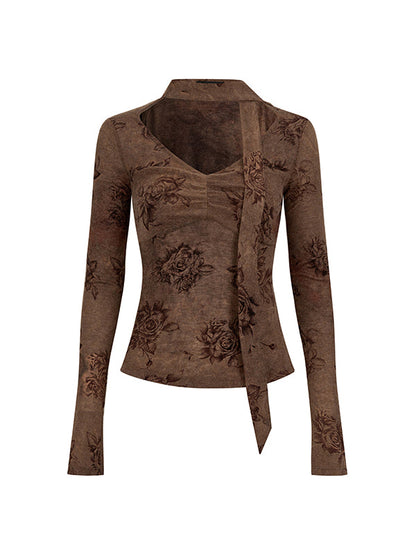 Coffee &amp; Purple Gray Rose Print Ribbon Long Sleeve T-shirt