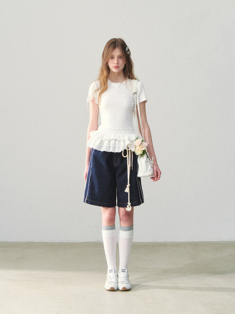 White Lace-hem Short-sleeve T-shirt