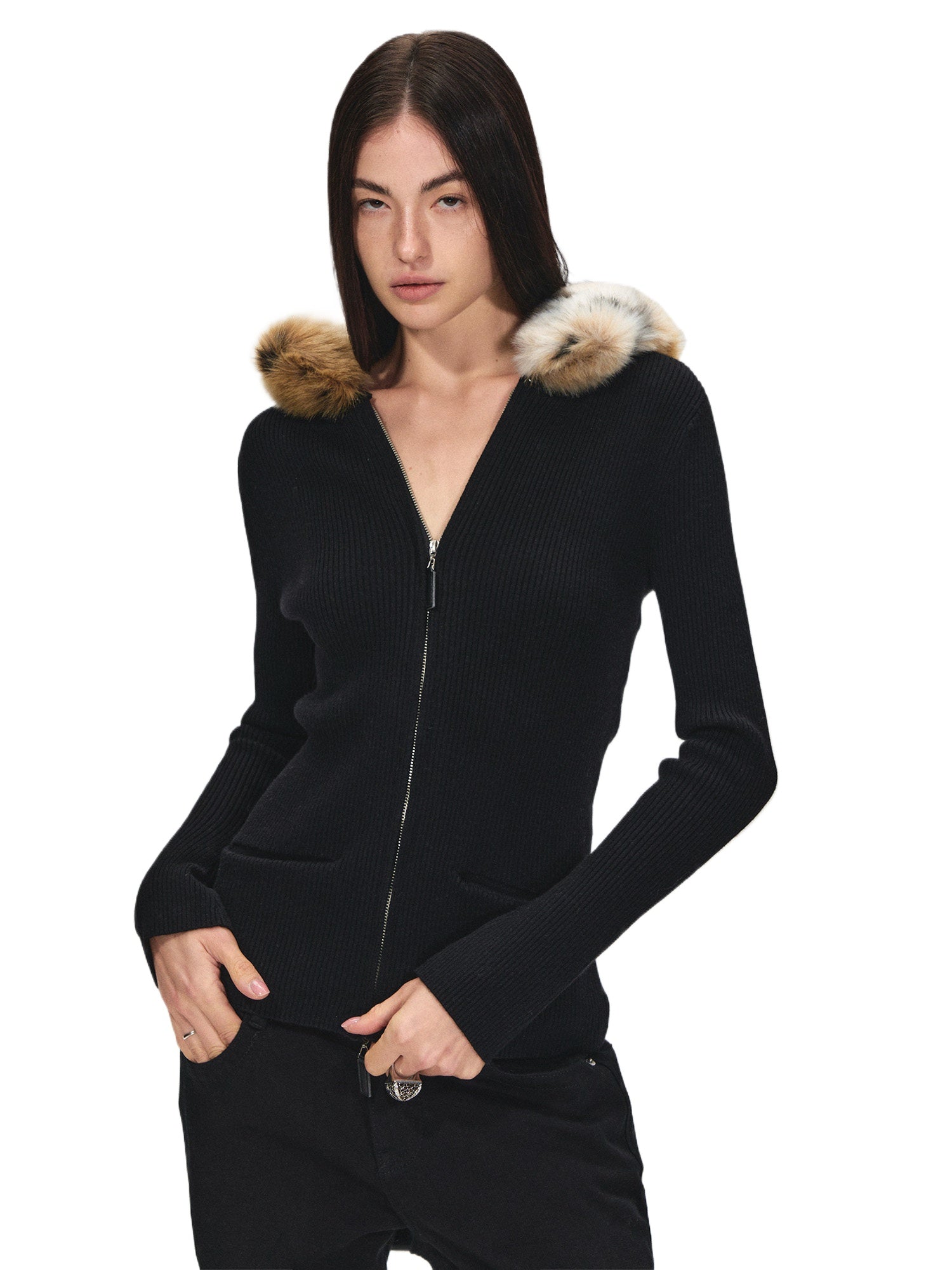 Detachable Faux Fur Collar Cardigan