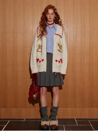 Contrast-Trim Horse Jacquard Knit Zip Cardigan