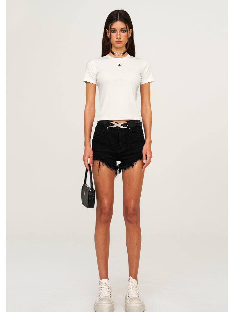 Waist-Cinching Embroidered Round-Neck T-Shirt