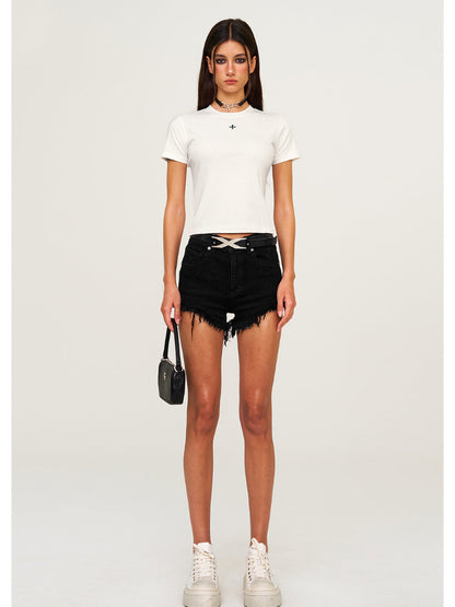 Waist-Cinching Embroidered Round-Neck T-Shirt