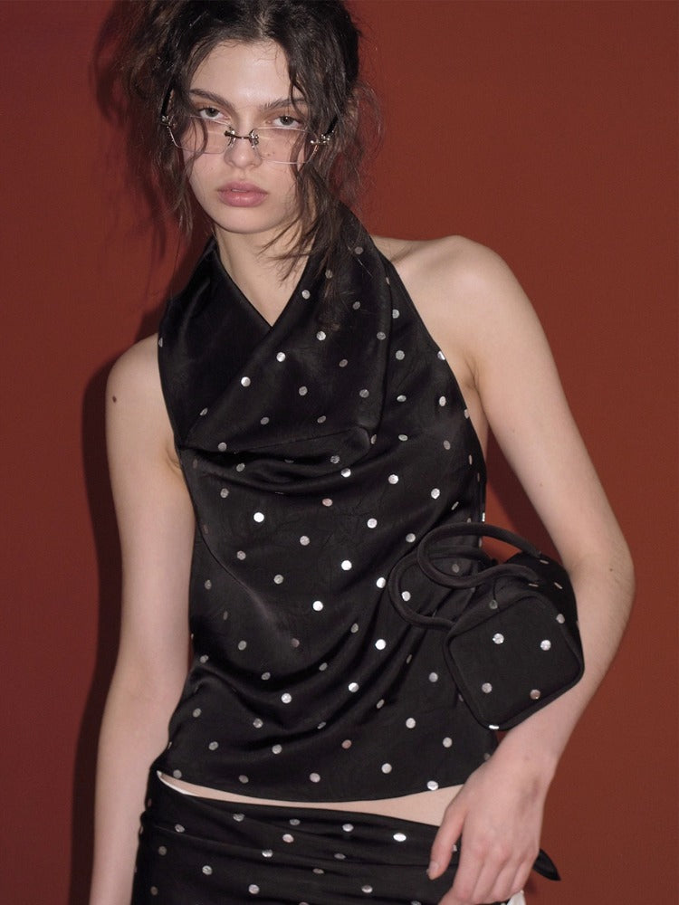 Black Silver Polka Dot Neckline Backless Top