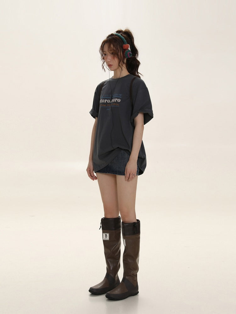 Vintage Simple Letter Embroidery Short Sleeve T-shirt