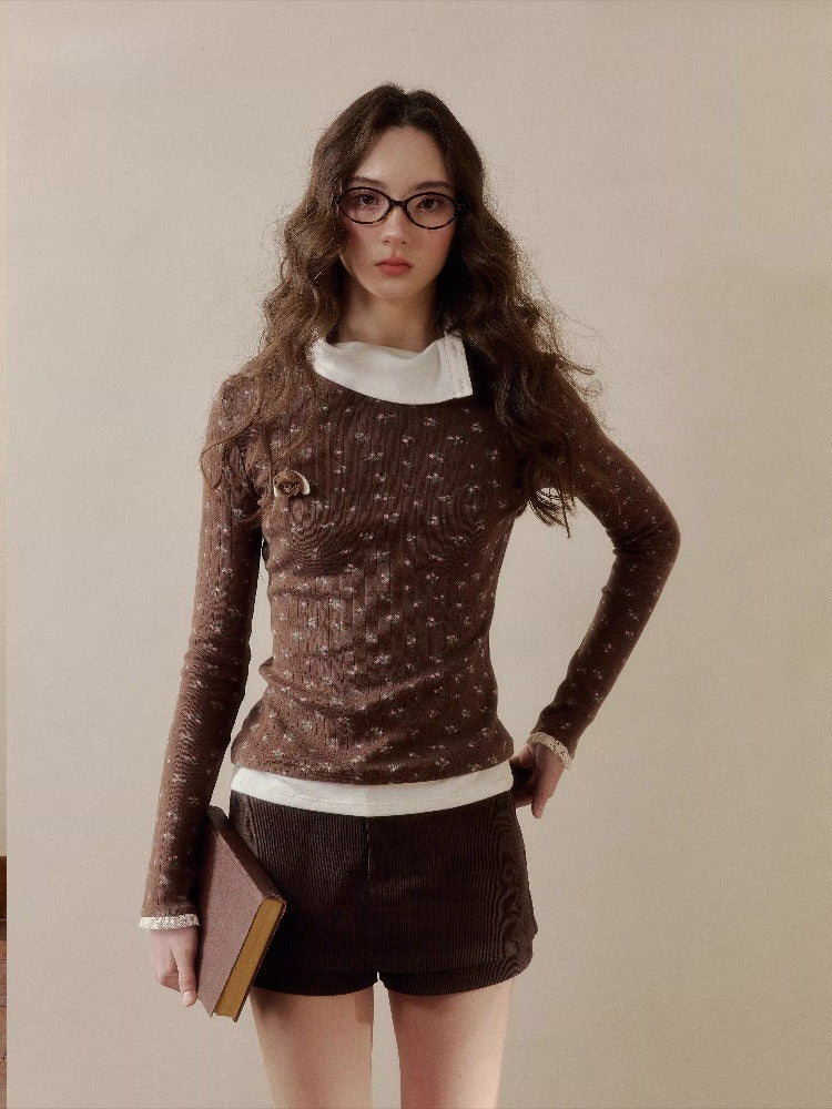 Floral Collar Knit Long Sleeve Top