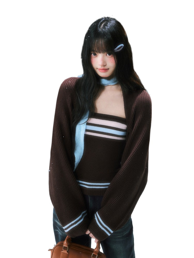 Brown Layered Knit Cardigan Set