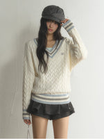 Preppy Contrast V-Neck Cable-Knit Sweater