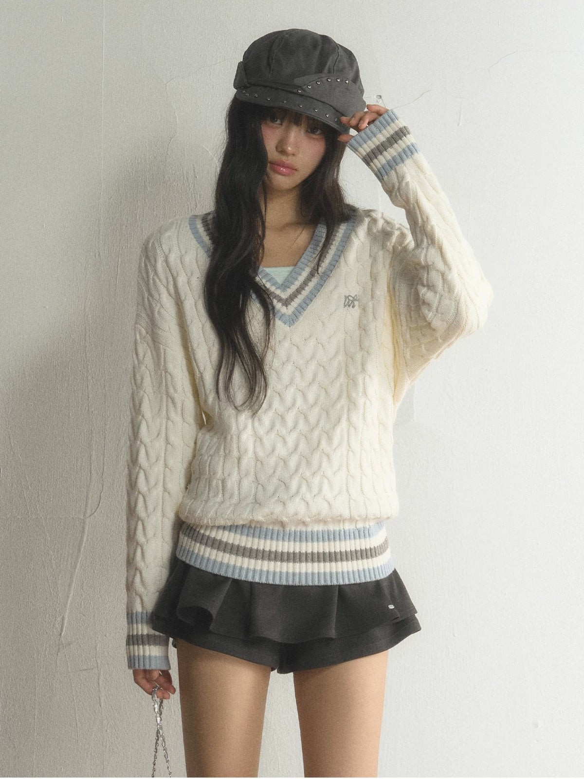 Preppy Contrast V-Neck Cable-Knit Sweater