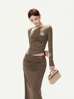 Retro Knit Off-Shoulder Top & Ruched Skirt Set