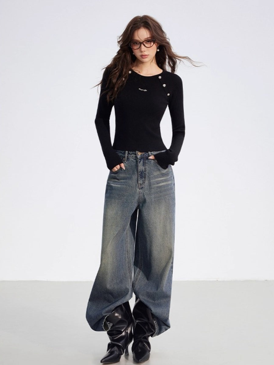 Leather-Patch Wide-Leg Denim Pants