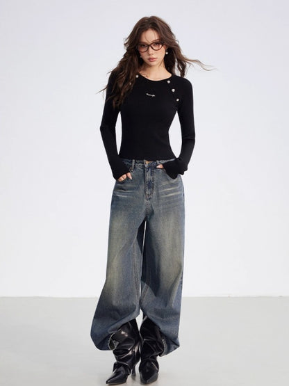 Leather-Patch Wide-Leg Denim Pants