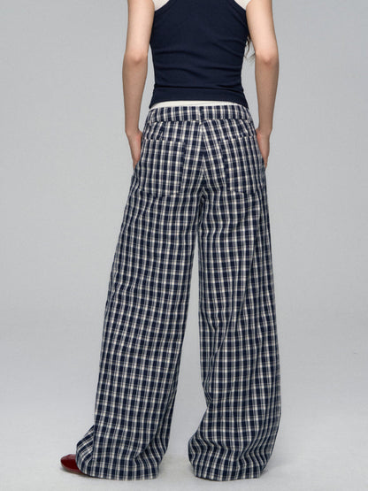 White Waistband Spliced Plaid Trousers