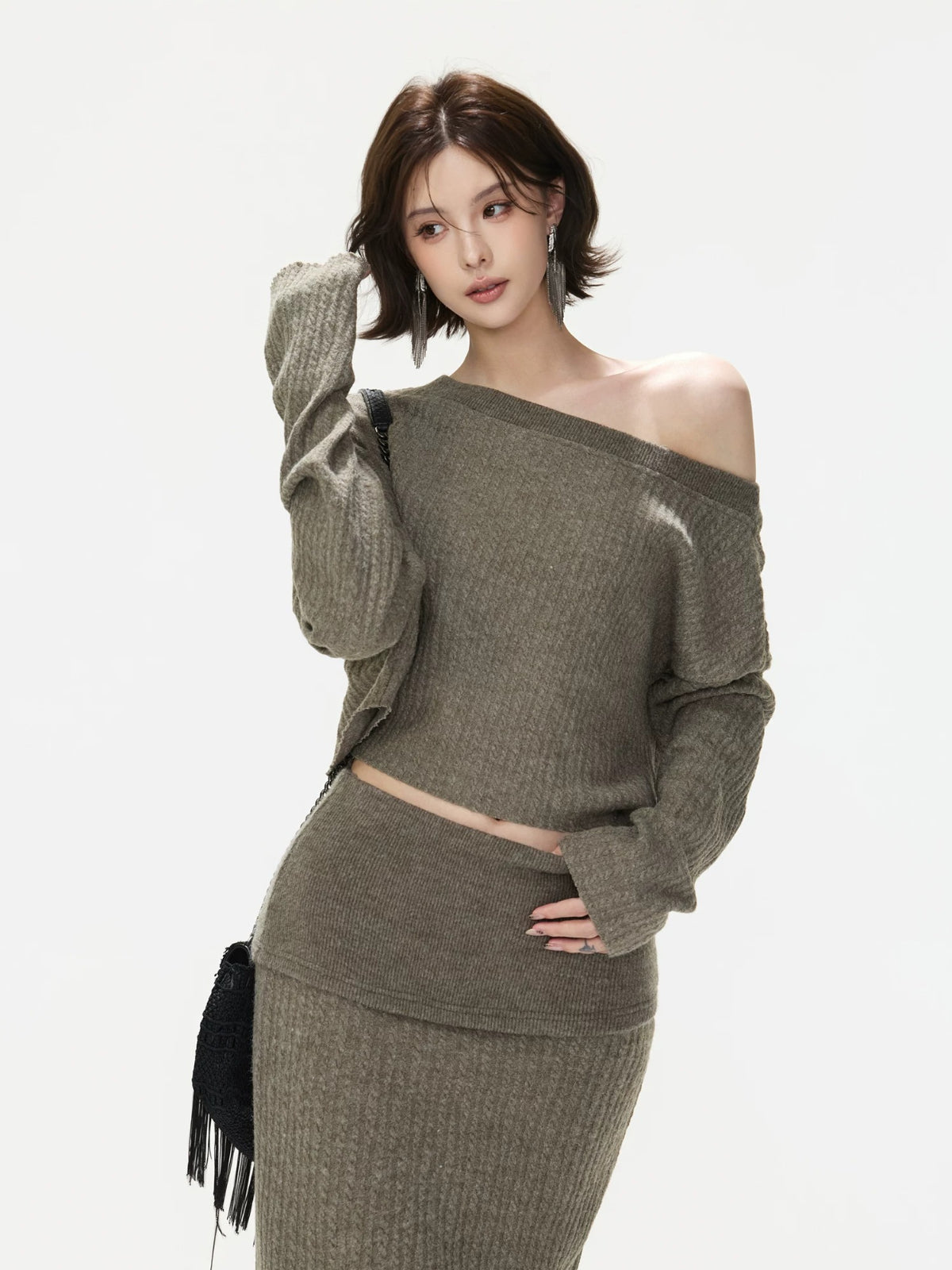 Asymmetric Ribbed Knit &amp; Maxi Skirt Set