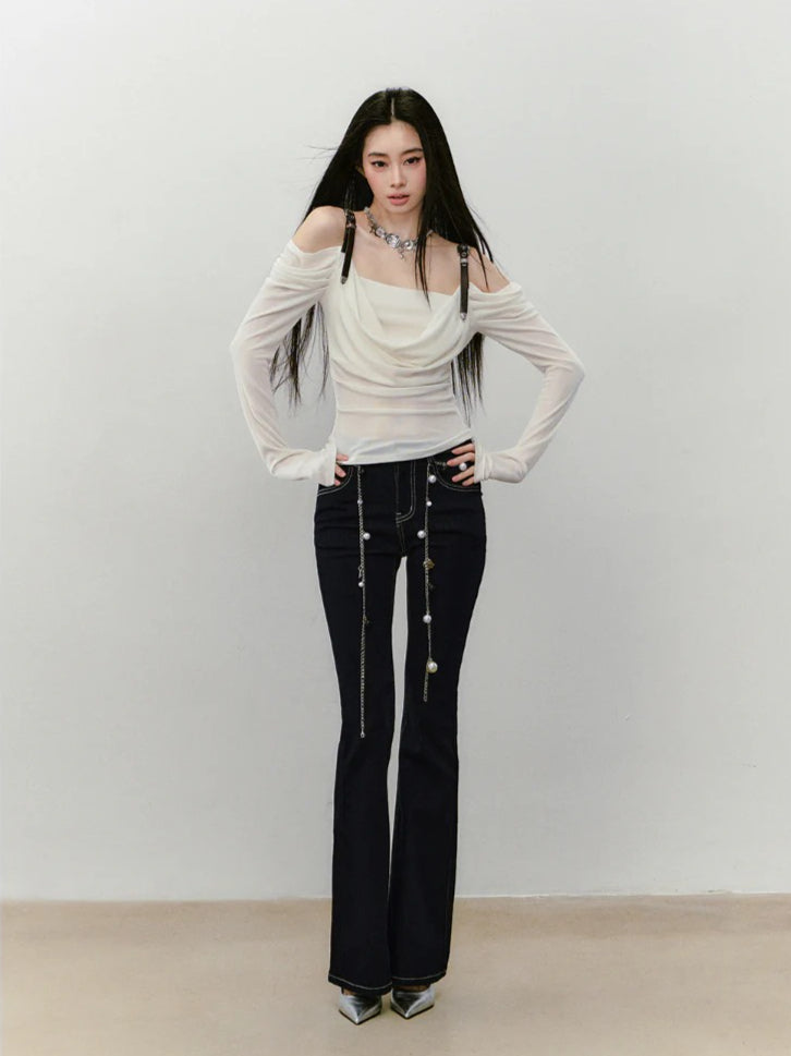 Draped Neck Leather Strap Acetate One-shoulder T-shirt